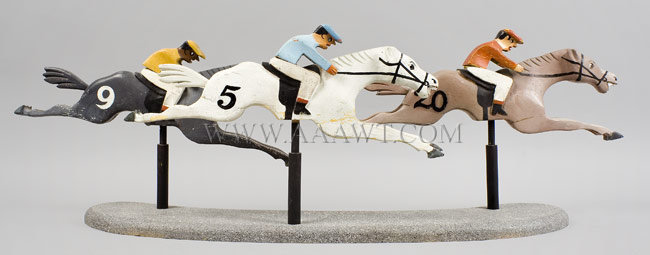 Antique Carved Race Horses and Jockeys, Group of Three, group view